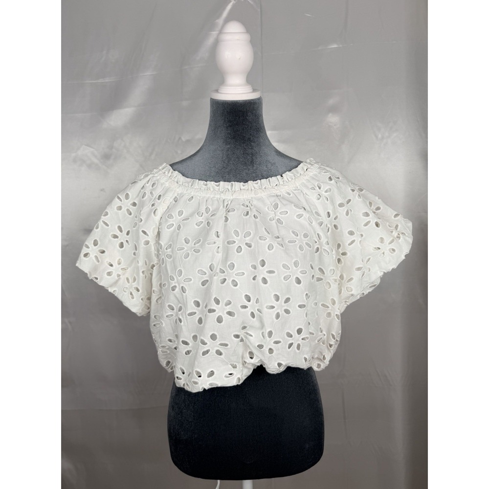 NWT Jennifer & Grace White Eyelet Crop Top Puff Sleeve‎ Cotton Blouse M